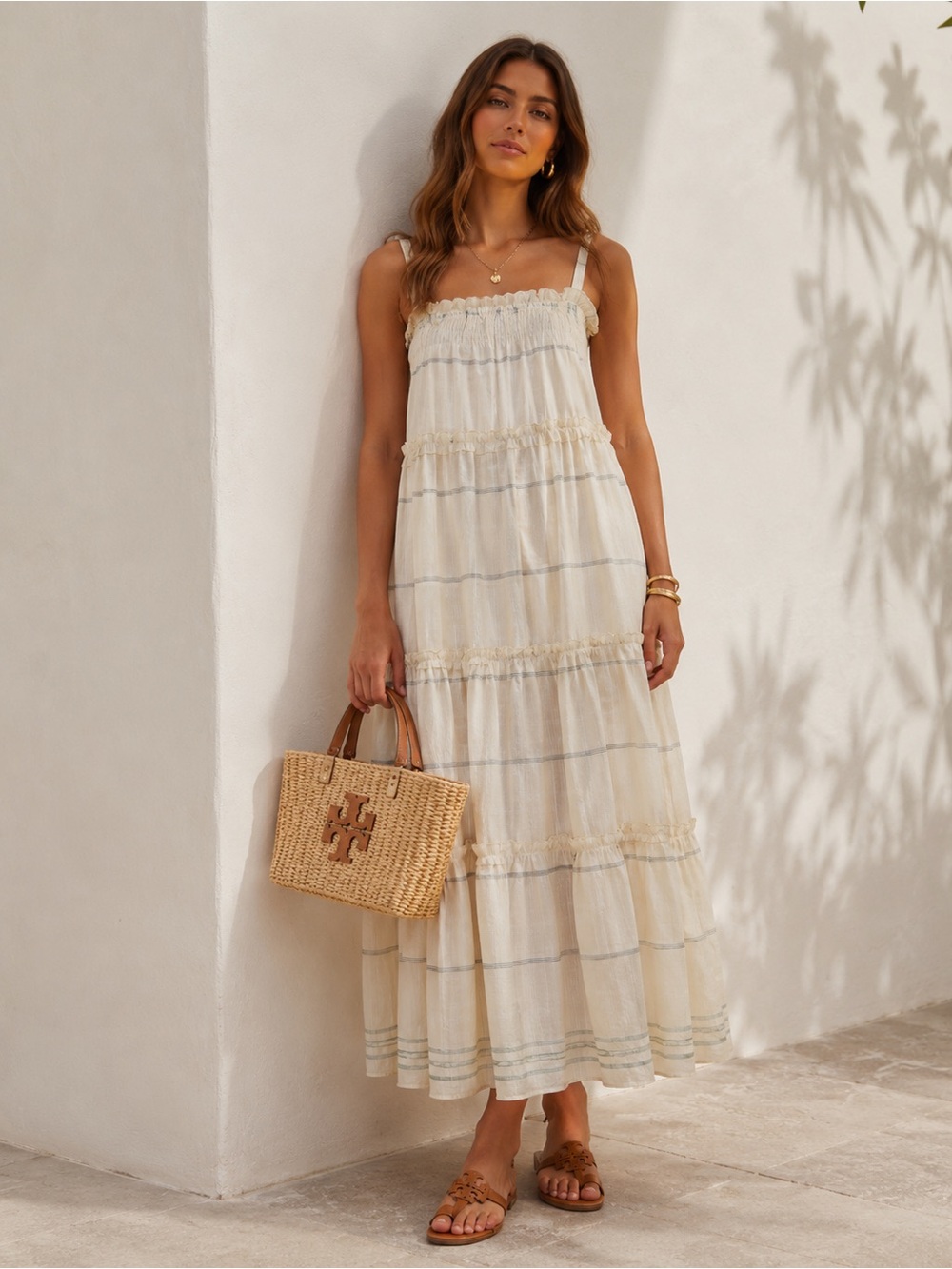 Tory Burch Cream Tiered Maxi Dress with Subtle Stripes